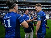 14 June 2025; Jordie Barrett, right and James Lowe of Leinster after the United Rugby Championship Grand Final match between Leinster and Vodacom Bulls at Croke Park in Dublin. Photo by Brendan Moran/Sportsfile