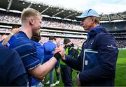 14 June 2025; Leinster head coach Leo Cullen, right, and Jamie Osborne after the United Rugby Championship Grand Final match between Leinster and Vodacom Bulls at Croke Park in Dublin. Photo by Brendan Moran/Sportsfile