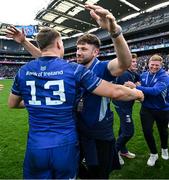 14 June 2025; Hugo Keenan, right, and Garry Ringrose of Leinster after the United Rugby Championship Grand Final match between Leinster and Vodacom Bulls at Croke Park in Dublin. Photo by Brendan Moran/Sportsfile