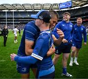 14 June 2025; Sam Prendergast of Leinster and Leinster culture captain Andrew McCarthy after the United Rugby Championship Grand Final match between Leinster and Vodacom Bulls at Croke Park in Dublin. Photo by Brendan Moran/Sportsfile