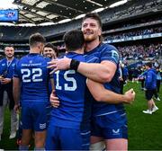 14 June 2025; Joe McCarthy, right, and Jimmy O'Brien of Leinster after the United Rugby Championship Grand Final match between Leinster and Vodacom Bulls at Croke Park in Dublin. Photo by Brendan Moran/Sportsfile