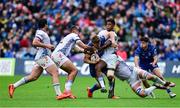 14 June 2025; Jordie Barrett of Leinster is tackled by Harold Vorster and Canon Moodie of Vodacom Bulls during the United Rugby Championship Grand Final match between Leinster and Vodacom Bulls at Croke Park in Dublin. Photo by Brendan Moran/Sportsfile