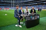 14 June 2025; Premier Sports team, from left, presenter Ross Harries and analysts Ian Madigan, John Barclay, and Simon Zebo before the United Rugby Championship Grand Final match between Leinster and Vodacom Bulls at Croke Park in Dublin. Photo by Brendan Moran/Sportsfile