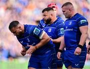 14 June 2025; The leinster front row, from left, Rónan Kelleher, Rabah Slimani and Jack Boyle during the United Rugby Championship Grand Final match between Leinster and Vodacom Bulls at Croke Park in Dublin. Photo by Brendan Moran/Sportsfile