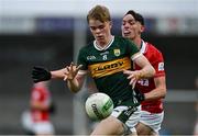 23 May 2025; Maidhc Ó Sé of Kerry in action against Samuel Kelleher Leavy of Cork during the Electric Ireland Munster GAA Football Minor Championship final match between Kerry and Cork at Austin Stack Park in Tralee, Kerry. Photo by Brendan Moran/Sportsfile