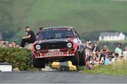 20 June 2025; Mark Alcorn and James McNulty compete in their Ford Escort Mk2 uring day one of the Wilton Recycling Donegal International Rally at Letterkenny in Donegal. Photo by Philip Fitzpatrick/Sportsfile