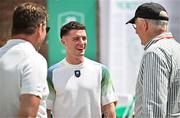 20 June 2025; Olympic Gold medallist in Gymnastics Rhys McClenaghan OLY, centre, in conversation with Andrew Hunter OLY, right, during the Irish Olympians’ Association summer barbecue at Olympic House on the Sport Ireland Campus in Dublin. Photo by Sam Barnes/Sportsfile