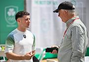 20 June 2025; Olympic Gold medallist in Gymnastics Rhys McClenaghan OLY, left,  in conversation with Andrew Hunter OLY during the Irish Olympians’ Association summer barbecue at Olympic House on the Sport Ireland Campus in Dublin. Photo by Sam Barnes/Sportsfile