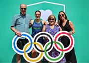 20 June 2025; Irish Olympic Boxer Grainne Walsh OLY, second from left, with her family, from left, father Gerry, mother Geraldine and sister Mairead, pictured during the Irish Olympians’ Association summer barbecue at Olympic House on the Sport Ireland Campus in Dublin. Photo by Sam Barnes/Sportsfile