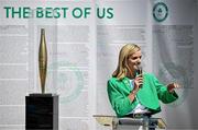 20 June 2025; President of the Irish Olympians Association Roisin McGettigan speaking during the Irish Olympians’ Association summer barbecue at Olympic House on the Sport Ireland Campus in Dublin. Photo by Sam Barnes/Sportsfile