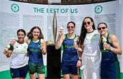 20 June 2025; Irish Olympic swimmer Victoria Catterson OLY, second from right, with Irish Olympic boxers, from left, Daina Moorehouse OLY, Jennifer Lehane OLY, Grainne Walsh OLY and Michaela Walsh OLY pictured during the Irish Olympians’ Association summer barbecue at Olympic House on the Sport Ireland Campus in Dublin. Photo by Sam Barnes/Sportsfile