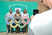 20 June 2025; Irish Women's Rugby 7's Olympians, from left, Eve Higgins OLY, Kathy Baker OLY and Stacey Flood OLY pictured during the Irish Olympians’ Association summer barbecue at Olympic House on the Sport Ireland Campus in Dublin. Photo by Sam Barnes/Sportsfile