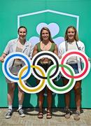 20 June 2025; Irish Women's Rugby 7's Olympians, from left, Eve Higgins OLY, Kathy Baker OLY and Stacey Flood OLY pictured during the Irish Olympians’ Association summer barbecue at Olympic House on the Sport Ireland Campus in Dublin. Photo by Sam Barnes/Sportsfile