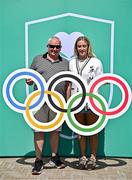 20 June 2025; Ireland Women's Rugby 7s Olympian Stacey Flood and her father Michael Flood pictured during the Irish Olympians’ Association summer barbecue at Olympic House on the Sport Ireland Campus in Dublin. Photo by Sam Barnes/Sportsfile