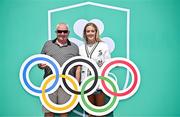 20 June 2025; Ireland Women's Rugby 7s Olympian Stacey Flood and her father Michael Flood pictured during the Irish Olympians’ Association summer barbecue at Olympic House on the Sport Ireland Campus in Dublin. Photo by Sam Barnes/Sportsfile