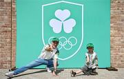 20 June 2025; Olympic Gold medallist in Gymnastics Rhys McClenaghan OLY and Ruari Dumas, aged 4, pictured during the Irish Olympians’ Association summer barbecue at Olympic House on the Sport Ireland Campus in Dublin. Photo by Sam Barnes/Sportsfile