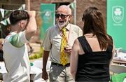 20 June 2025; Irish Olympian Danny McDaid OLY, centre, and Olympic Gold medallist in Gymnastics Rhys McClenaghan OLY, left, share a joke during the Irish Olympians’ Association summer barbecue at Olympic House on the Sport Ireland Campus in Dublin. Photo by Sam Barnes/Sportsfile