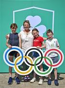 20 June 2025; Irish Olympian Louise Lyons OLY, and her children, from left, Nancy Lyons-Tehan, Robin Lyons-Tehan and Nicky George Lyons-Tehan pictured during the Irish Olympians’ Association summer barbecue at Olympic House on the Sport Ireland Campus in Dublin. Photo by Sam Barnes/Sportsfile