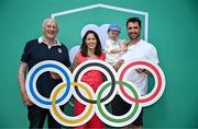 20 June 2025; Pictured are, from left, Irish Olympian Phillip Conway OLY, Karen Conway, Irish Olympian Barry Murphy OLY, and his son Max, aged 20 months, during the Irish Olympians’ Association summer barbecue at Olympic House on the Sport Ireland Campus in Dublin. Photo by Sam Barnes/Sportsfile