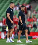 20 June 2025; British & Irish Lions assistant coaches Jonathan Sexton, left, and Richard Wigglesworth walk the pitch before the Lions 1888 Cup match between the British & Irish Lions and Argentina at the Aviva Stadium in Dublin. Photo by Brendan Moran/Sportsfile