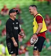 20 June 2025; Argentina head coach Felipe Contepomi, left, in conversation with British & Irish Lions assistant coach Jonathan Sexton before the Lions 1888 Cup match between the British & Irish Lions and Argentina at the Aviva Stadium in Dublin. Photo by Brendan Moran/Sportsfile