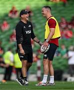 20 June 2025; Argentina head coach Felipe Contepomi, left, in conversation with British & Irish Lions assistant coach Jonathan Sexton before the Lions 1888 Cup match between the British & Irish Lions and Argentina at the Aviva Stadium in Dublin. Photo by Brendan Moran/Sportsfile