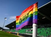 20 June 2025; A general view of a corner flag with the 'pride' colours before the SSE Airtricity Men's Premier Division match between Shamrock Rovers and Cork City at Tallaght Stadium in Dublin. Photo by David Fitzgerald/Sportsfile
