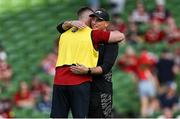 20 June 2025; British & Irish Lions assistant coach Jonathan Sexton, left, and Argentina head coach Felipe Contepomi hug before the Lions 1888 Cup match between the British & Irish Lions and Argentina at the Aviva Stadium in Dublin. Photo by Brendan Moran/Sportsfile