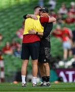 20 June 2025; British & Irish Lions assistant coach Jonathan Sexton, left, and Argentina head coach Felipe Contepomi hug before the Lions 1888 Cup match between the British & Irish Lions and Argentina at the Aviva Stadium in Dublin. Photo by Brendan Moran/Sportsfile