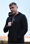 20 June 2025; Shelbourne manager Damien Duff is interviewed before the SSE Airtricity Men's Premier Division match between Shelbourne and Derry City at Tolka Park in Dublin. Photo by Thomas Flinkow/Sportsfile