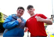 20 June 2025; Shelbourne supporters Robert White, left, and Roy Fitzgerald before the SSE Airtricity Men's Premier Division match between Shelbourne and Derry City at Tolka Park in Dublin. Photo by Thomas Flinkow/Sportsfile