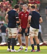 20 June 2025; British & Irish Lions assistant coach Simon Easterby, centre, in conversatoin with British & Irish Lions players Jack Conan, left, and Josh van der Flier before the Lions 1888 Cup match between the British & Irish Lions and Argentina at the Aviva Stadium in Dublin. Photo by Ramsey Cardy/Sportsfile
