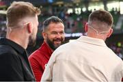 20 June 2025; British & Irish Lions head coach Andy Farrell, centre, and his son Owen Farrell before the Lions 1888 Cup match between the British & Irish Lions and Argentina at the Aviva Stadium in Dublin. Photo by Ramsey Cardy/Sportsfile