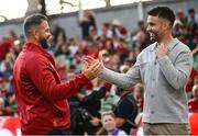 20 June 2025; British & Irish Lions head coach Andy Farrell, left, and former Ireland and Munster rugby player Conor Murray before the Lions 1888 Cup match between the British & Irish Lions and Argentina at the Aviva Stadium in Dublin. Photo by Ramsey Cardy/Sportsfile