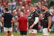 20 June 2025; British & Irish Lions players Tadhg Furlong, left, and Rónan Kelleher before the Lions 1888 Cup match between the British & Irish Lions and Argentina at the Aviva Stadium in Dublin. Photo by Ramsey Cardy/Sportsfile