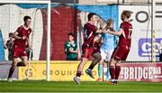 20 June 2025; Edward McCarthy of Galway United celebrates with team-mate Vincent Borden, right, after scoring their side's first goal during the SSE Airtricity Men's Premier Division match between Galway United and St Patrick's Athletic at Eamonn Deacy Park in Galway. Photo by Piaras Ó Mídheach/Sportsfile