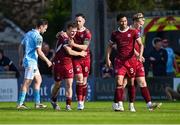 20 June 2025; Edward McCarthy of Galway United celebrates with team-mate Greg Cunningham, 8, after scoring their side's first goal during the SSE Airtricity Men's Premier Division match between Galway United and St Patrick's Athletic at Eamonn Deacy Park in Galway. Photo by Piaras Ó Mídheach/Sportsfile