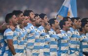 20 June 2025; Argentina players stand for the playing of the national anthem before the Lions 1888 Cup match between the British & Irish Lions and Argentina at the Aviva Stadium in Dublin. Photo by Brendan Moran/Sportsfile