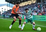 20 June 2025; Trevor Clarke of Shamrock Rovers in action against Freddie Anderson of Cork City during the SSE Airtricity Men's Premier Division match between Shamrock Rovers and Cork City at Tallaght Stadium in Dublin. Photo by David Fitzgerald/Sportsfile