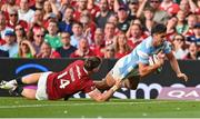 20 June 2025; Ignacio Mendy of Argentina scores his side's first try during the Lions 1888 Cup match between the British & Irish Lions and Argentina at the Aviva Stadium in Dublin. Photo by Ramsey Cardy/Sportsfile