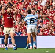 20 June 2025; Ignacio Mendy of Argentina, right, celebrates with teammate Santiago Carreras after scoring their side's first try during the Lions 1888 Cup match between the British & Irish Lions and Argentina at the Aviva Stadium in Dublin. Photo by Ramsey Cardy/Sportsfile
