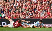 20 June 2025; Ignacio Mendy of Argentina scores his side's first try during the Lions 1888 Cup match between the British & Irish Lions and Argentina at the Aviva Stadium in Dublin. Photo by Ramsey Cardy/Sportsfile