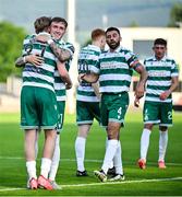 20 June 2025; Michael Noonan of Shamrock Rovers celebrates with team mate Danny Grant after scoring their side's third goal during the SSE Airtricity Men's Premier Division match between Shamrock Rovers and Cork City at Tallaght Stadium in Dublin. Photo by David Fitzgerald/Sportsfile