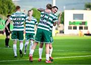 20 June 2025; Michael Noonan of Shamrock Rovers celebrates with team mate Trevor Clarke after scoring their side's third goal during the SSE Airtricity Men's Premier Division match between Shamrock Rovers and Cork City at Tallaght Stadium in Dublin. Photo by David Fitzgerald/Sportsfile