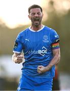 20 June 2025; Padraig Amond of Waterford celebrates after scoring his side's first goal, a penalty, during the SSE Airtricity Men's Premier Division match between Waterford and Bohemians at the Regional Sports Centre in Waterford. Photo by Ben McShane/Sportsfile