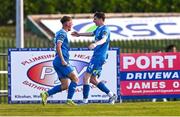 20 June 2025; Conan Noonan, left, celebrates with Waterford teammate Jesse Dempsey after scoring their side's second goal during the SSE Airtricity Men's Premier Division match between Waterford and Bohemians at the Regional Sports Centre in Waterford. Photo by Ben McShane/Sportsfile