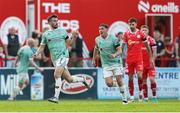 20 June 2025; Michael Duffy of Derry City celebrates after scoring his side's first goal during the SSE Airtricity Men's Premier Division match between Shelbourne and Derry City at Tolka Park in Dublin. Photo by Thomas Flinkow/Sportsfile