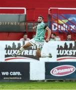 20 June 2025; Michael Duffy of Derry City celebrates after scoring his side's first goal during the SSE Airtricity Men's Premier Division match between Shelbourne and Derry City at Tolka Park in Dublin. Photo by Thomas Flinkow/Sportsfile
