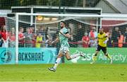 20 June 2025; Michael Duffy of Derry City celebrates after scoring his side's first goal during the SSE Airtricity Men's Premier Division match between Shelbourne and Derry City at Tolka Park in Dublin. Photo by Thomas Flinkow/Sportsfile