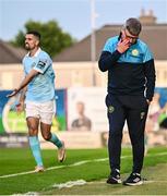 20 June 2025; St Patrick's Athletic manager Stephen Kenny and Zach Elbouzedi of St Patrick's Athletic during the SSE Airtricity Men's Premier Division match between Galway United and St Patrick's Athletic at Eamonn Deacy Park in Galway. Photo by Piaras Ó Mídheach/Sportsfile